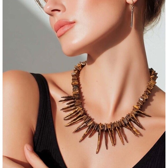 Unbranded Jewelry - Vintage Tiger Eye Stone Spike Necklace Brown Chip Bead Tribal Boho Statement
